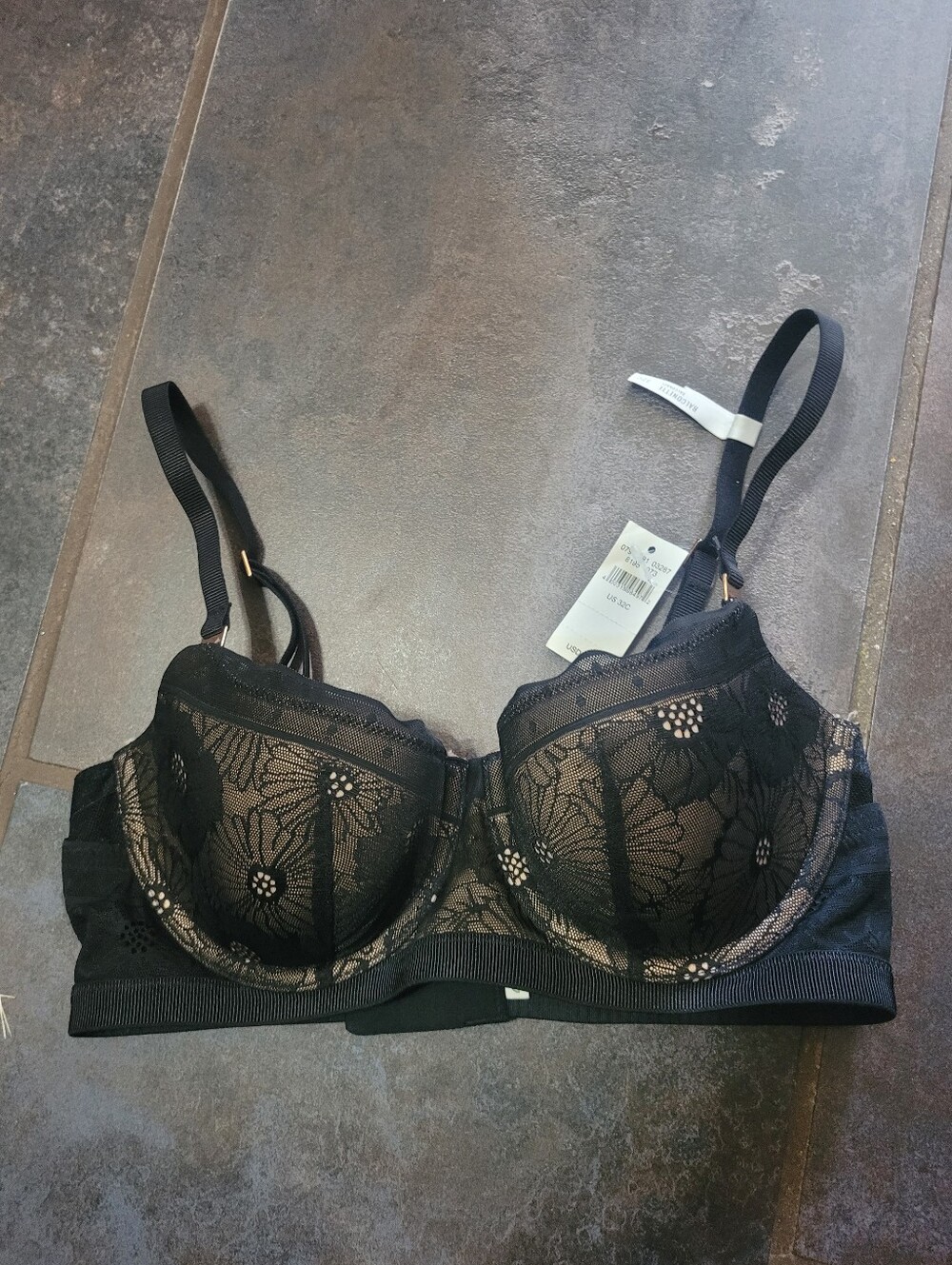 Aerie Real Power Balconette Black Floral Lace Bra Size 32C Nwt